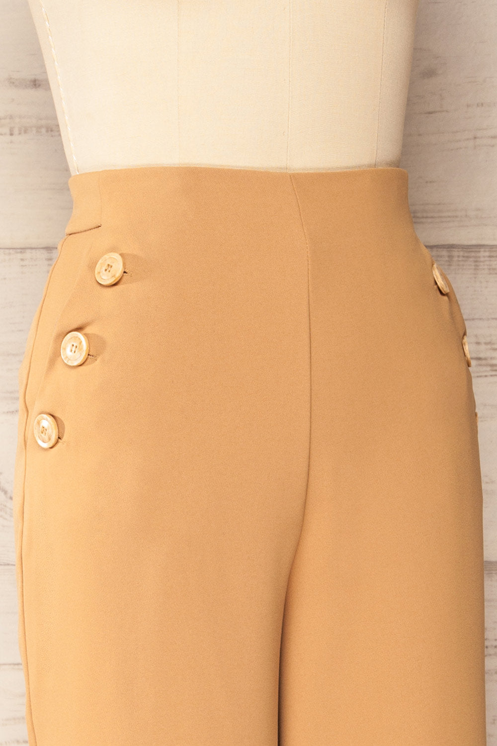 Sarin Beige Flare Leg Pants w/ Elastic Waistband | La petite garçonne side close up