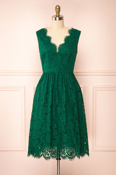 Sarita Emerald A-Line Lace Midi Dress w/ Wide Straps | Boutique 1861