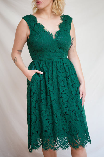 Sarita Emerald A-Line Lace Midi Dress w/ Wide Straps | Boutique 1861 model