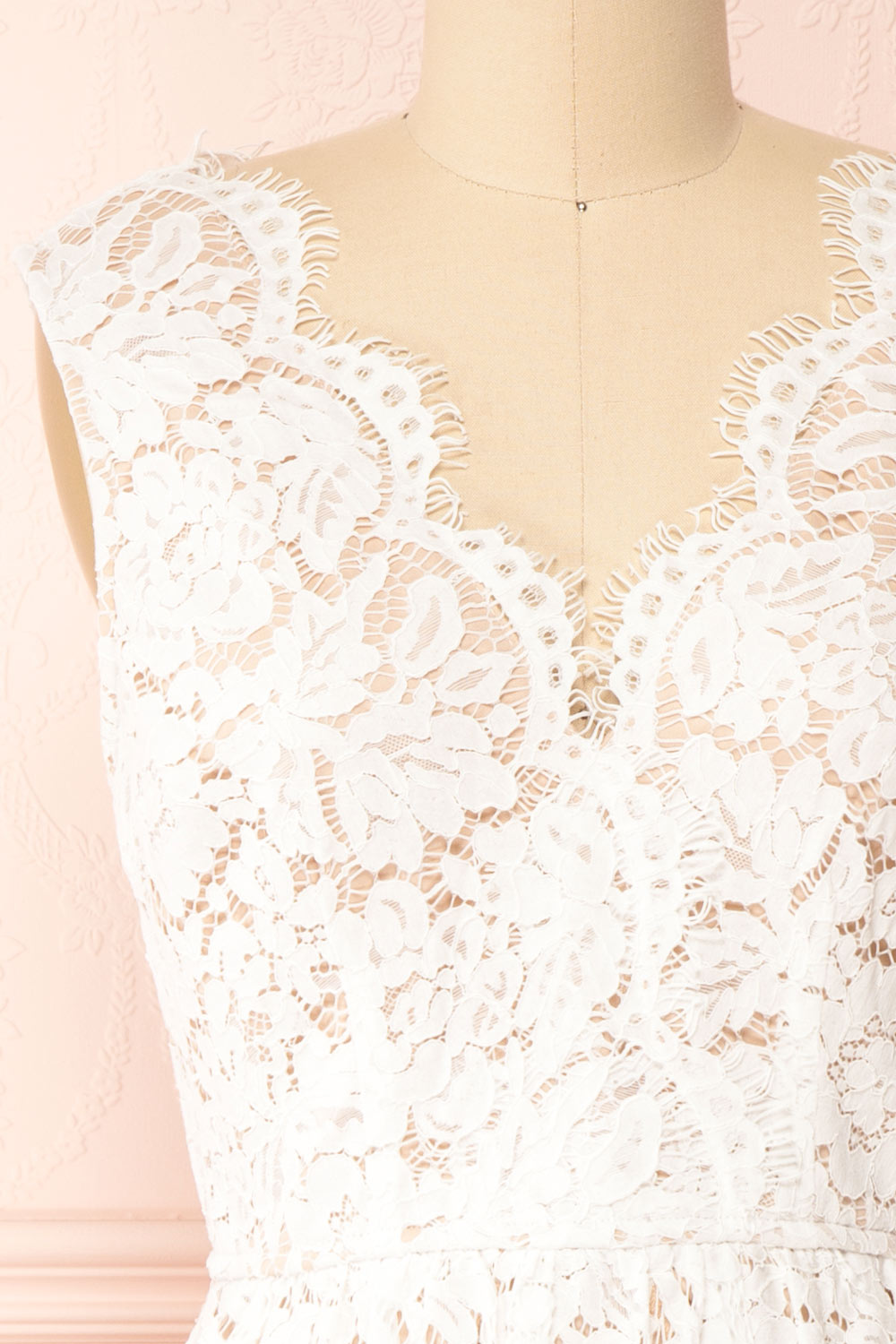 Sarita Ivory A-Line Lace Midi Dress w/ Wide Straps | Boutique 1861 front close-up