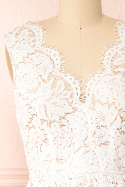 Sarita Ivory A-Line Lace Midi Dress w/ Wide Straps | Boutique 1861 front close-up