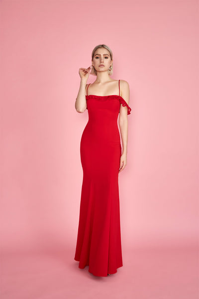 Sasha Red Mermaid Maxi Bridesmaid Dress | Boudoir 1861 front on model
