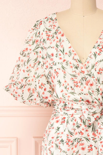 Saskia Faux Wrap Puffed Sleeves Midi Dress | Boutique 1861 front close-up