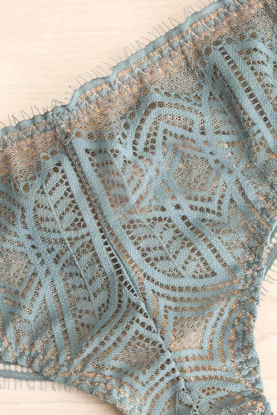 Satao Blue & Beige Lace & Mesh Tanga Panty | La Petite Garçonne flat close-up