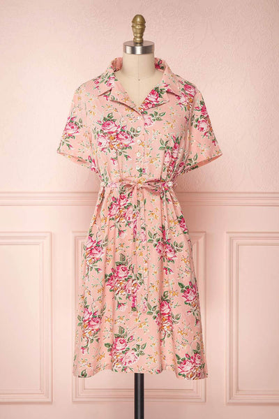 Satenik Pink Floral Button-Up Shirt Collar Dress | Boutique 1861