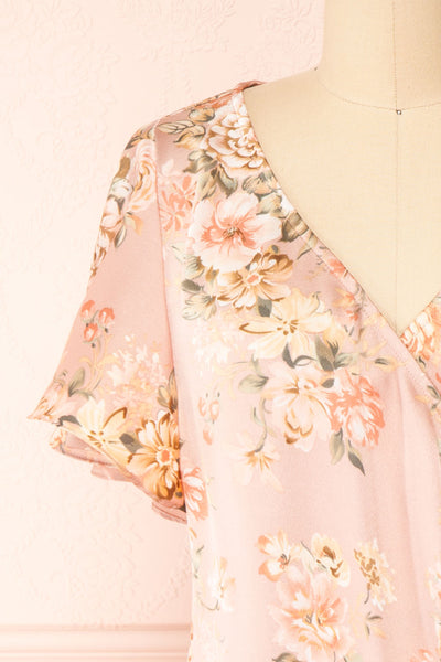Sawda Blush Short Sleeve Floral Wrap Dress | Boutique 1861 front close-up