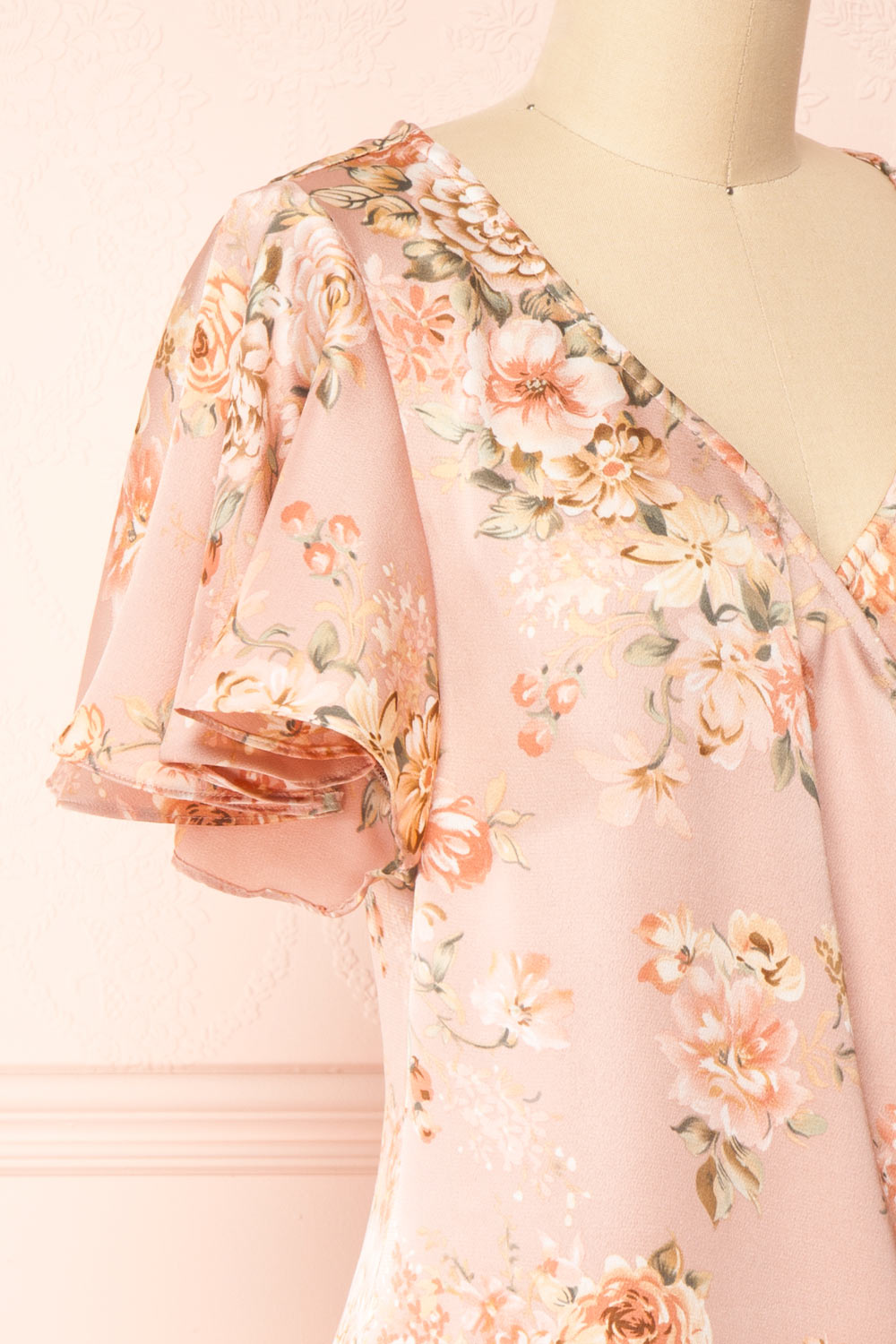 Sawda Blush Short Sleeve Floral Wrap Dress | Boutique 1861 side close-up