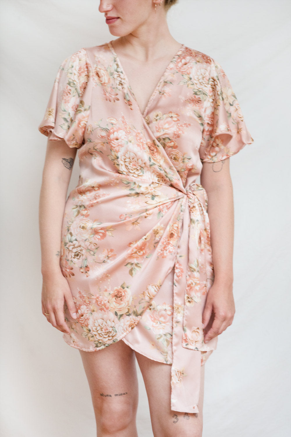 Sawda Blush Short Sleeve Floral Wrap Dress | Boutique 1861 model