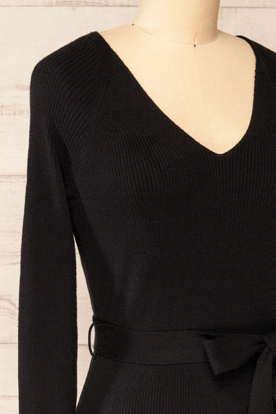 Sayure Black Ribbed Midi Dress | La petite garçonne side close-up