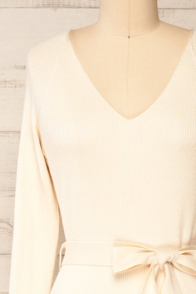 Sayure Cream Ribbed Midi Dress | La petite garçonne front close-up