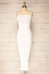 Yurtof White Fitted Ruched Midi Dress | La petite garçonne front view