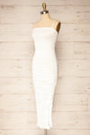 Yurtof White Fitted Ruched Midi Dress | La petite garçonne side view