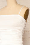 Yurtof White Fitted Ruched Midi Dress | La petite garçonne side close-up
