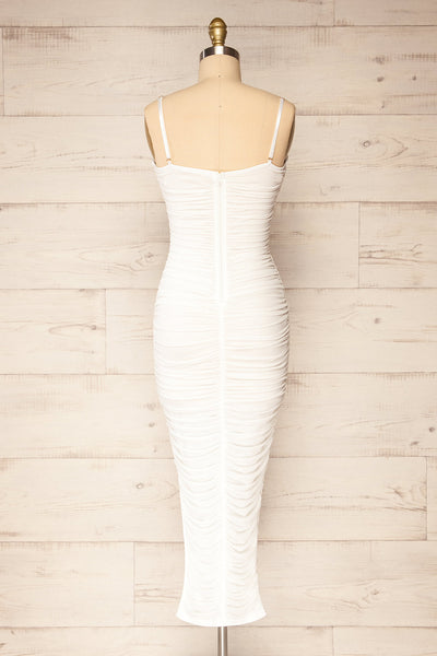 Yurtof White Fitted Ruched Midi Dress | La petite garçonne back view