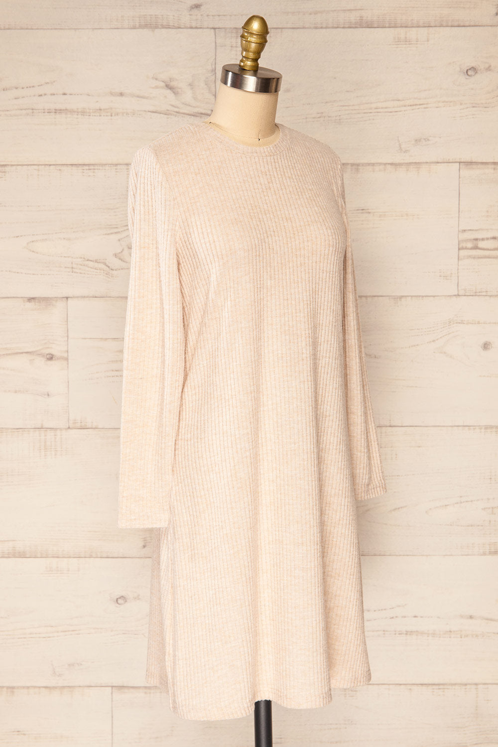 Seia Beige Long Sleeve Ribbed Short Dress | La petite garçonne side view