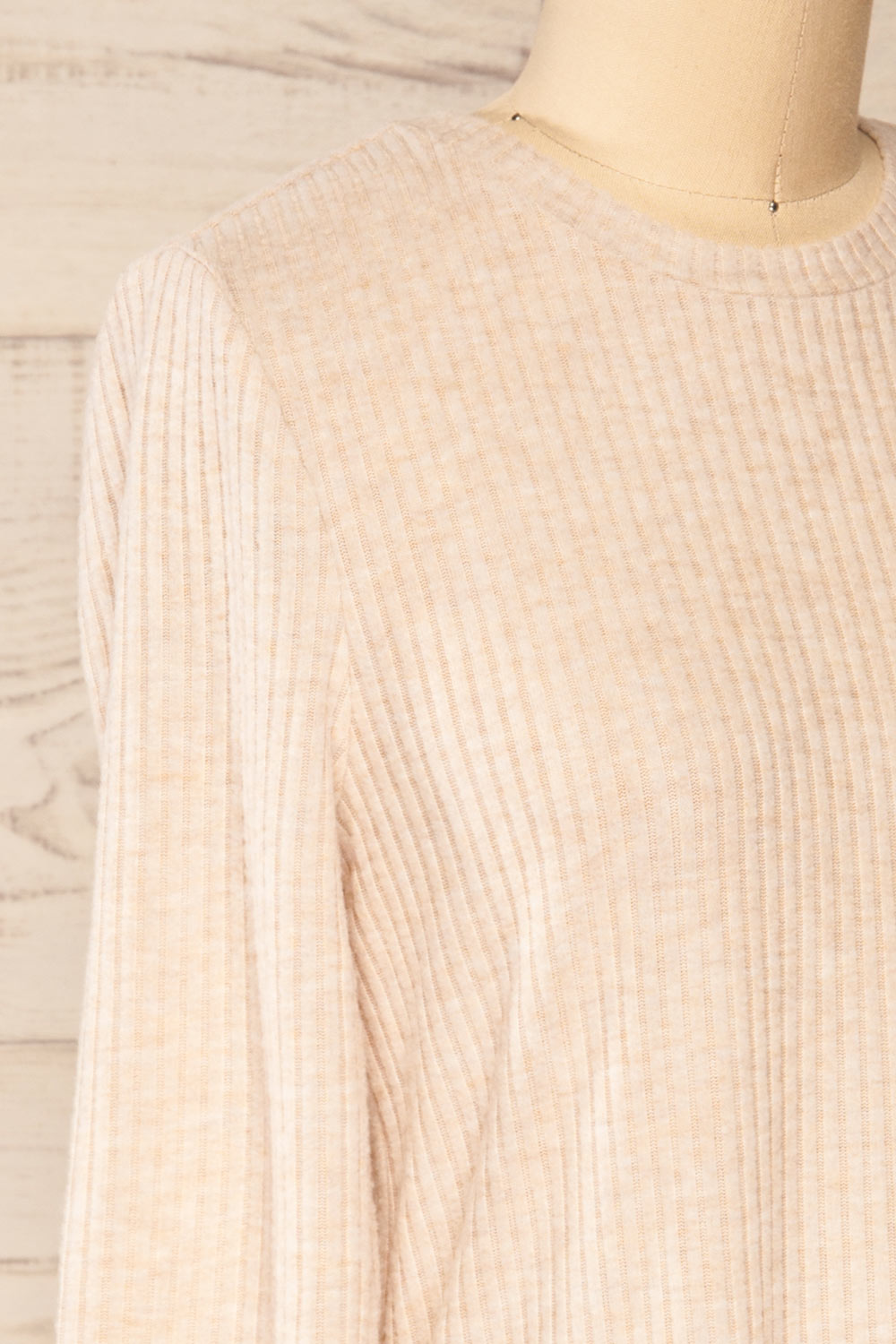 Seia Beige Long Sleeve Ribbed Short Dress | La petite garçonne side close-up