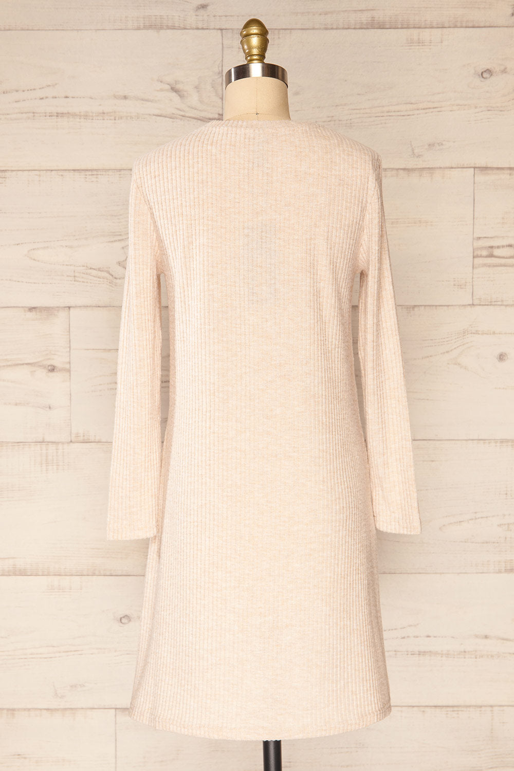 Seia Beige Long Sleeve Ribbed Short Dress | La petite garçonne back view