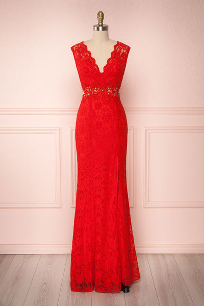 Selenay Red Lace Mermaid Gown with Plunging Neckline | Boutique 1861