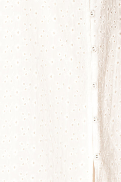 Senga White Short Sleeve Embroidered Midi Dress | Boutique 1861 fabric