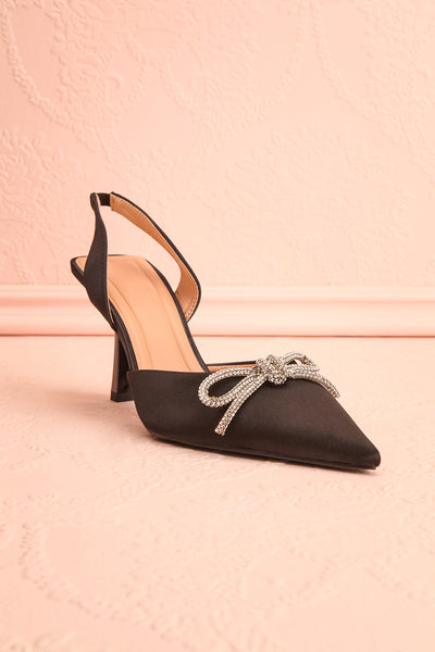 Sentiment Black Satin Pointed-Toe Heels w/ Sequin Bow | Boutique 1861 front view