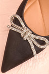 Sentiment Black Satin Pointed-Toe Heels w/ Sequin Bow | Boutique 1861 flat close-up