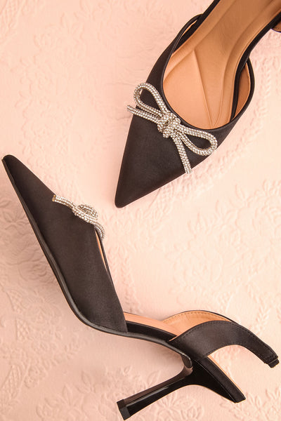 Sentiment Black Satin Pointed-Toe Heels w/ Sequin Bow | Boutique 1861 flat view