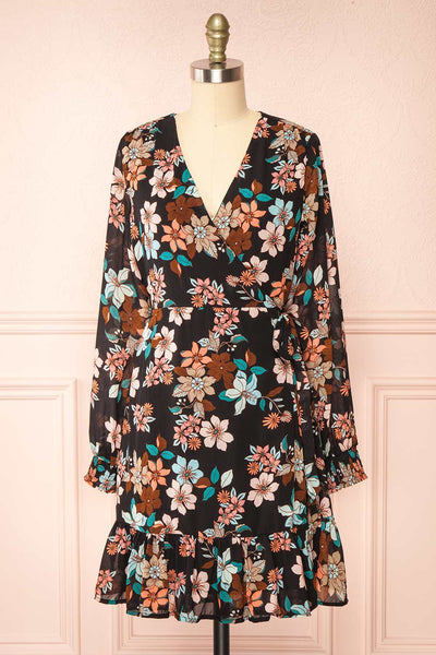 Serafina Short Floral Wrap Dress w/ Long Sleeves | Boutique 1861 front view