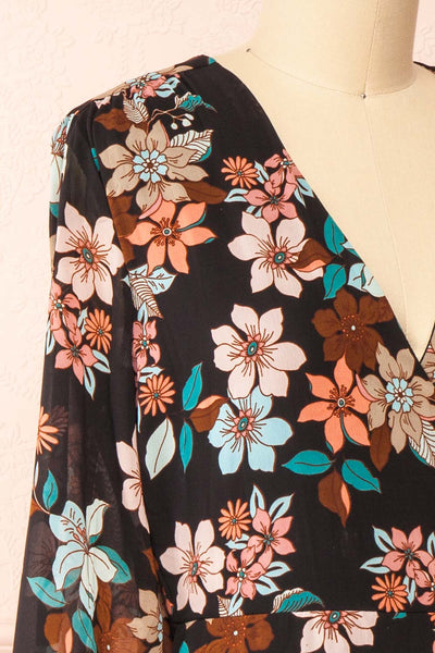 Serafina Short Floral Wrap Dress w/ Long Sleeves | Boutique 1861 side close-up
