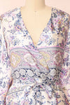 Serenite Navy Paisley Pattern Short Kimono | Boutique 1861 front close-up