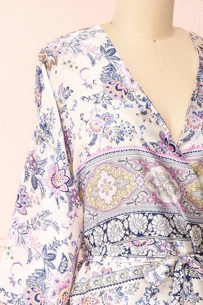 Serenite Navy Paisley Pattern Short Kimono | Boutique 1861 side close-up