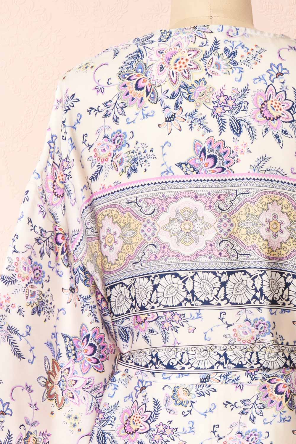 Serenite Navy Paisley Pattern Short Kimono | Boutique 1861 back close-up