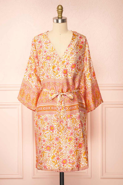 Serenite Pink Paisley Pattern Short Kimono | Boutique 1861 front view