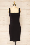 Serpa Black Fitted Ruched Dress with Ruffles | La petite garçonne front view