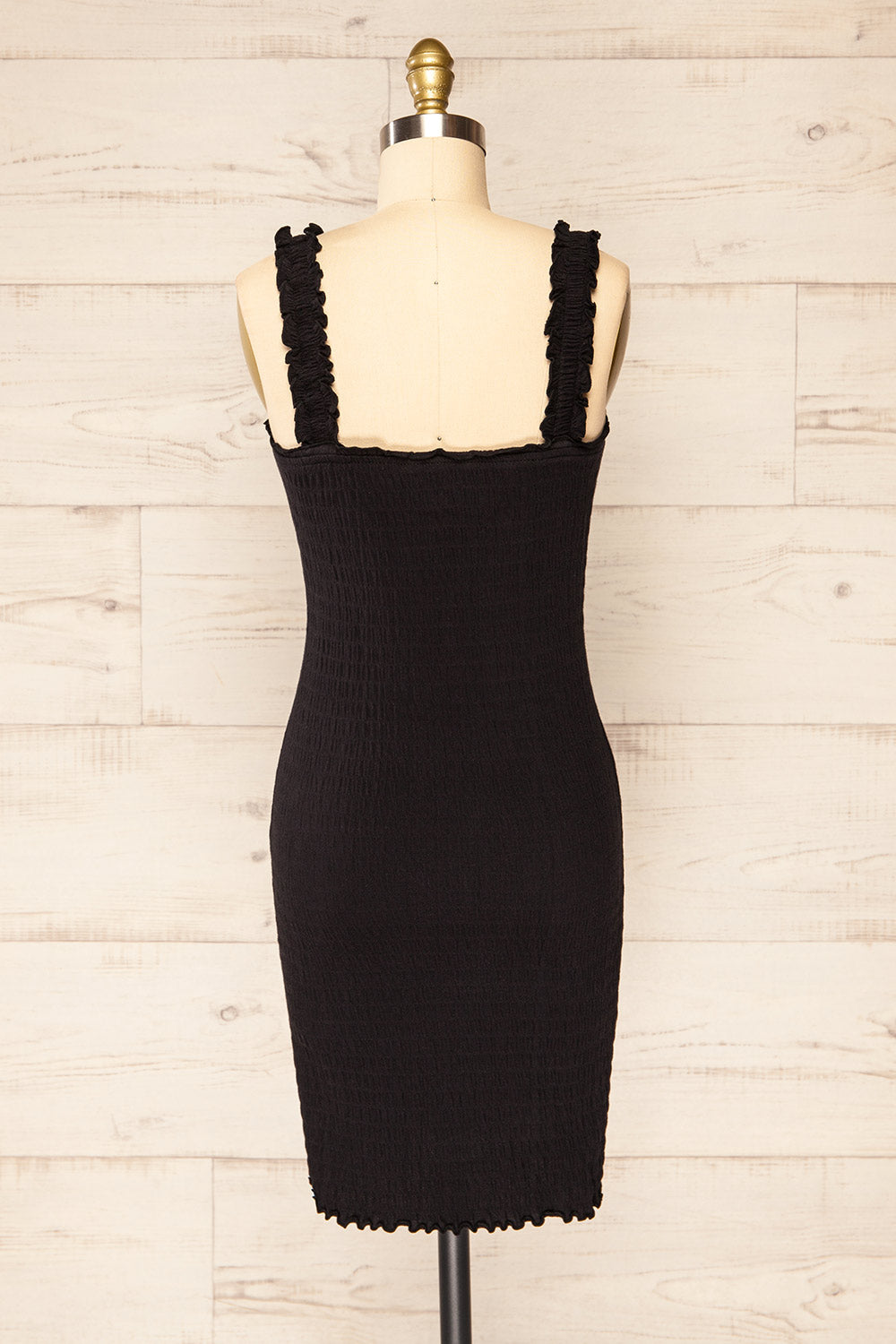 Serpa Black Fitted Ruched Dress with Ruffles | La petite garçonne back view 