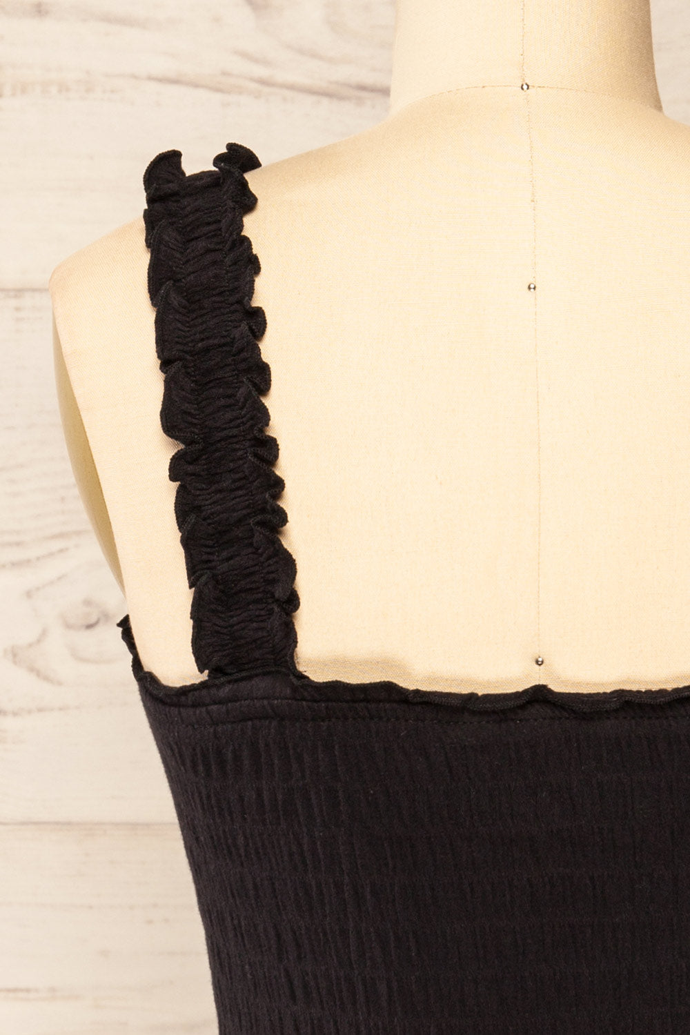 Serpa Black Fitted Ruched Dress with Ruffles | La petite garçonne back close-up