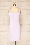 Serpa Lilac Fitted Ruched Dress with Ruffles | La petite garçonne front view