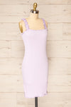 Serpa Lilac Fitted Ruched Dress with Ruffles | La petite garçonne side view