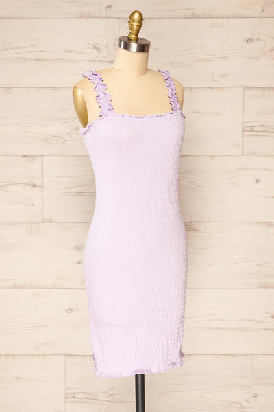 Serpa Lilac Fitted Ruched Dress with Ruffles | La petite garçonne side view