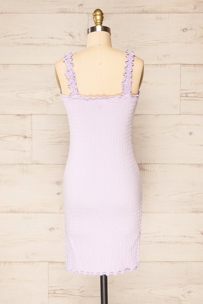 Serpa Lilac Fitted Ruched Dress with Ruffles | La petite garçonne back view