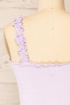 Serpa Lilac Fitted Ruched Dress with Ruffles | La petite garçonne back close-up