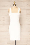 Serpa White Fitted Ruched Dress with Ruffles | La petite garçonne front view