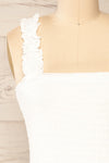 Serpa White Fitted Ruched Dress with Ruffles | La petite garçonne front close-up