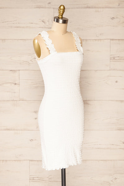 Serpa White Fitted Ruched Dress with Ruffles | La petite garçonne side view