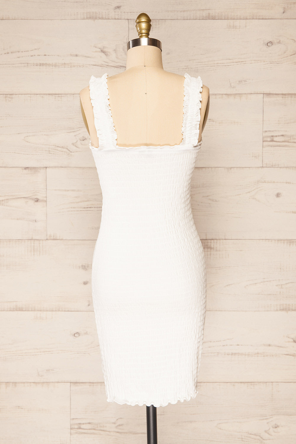 Serpa White Fitted Ruched Dress with Ruffles | La petite garçonne back view 