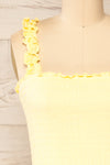 Serpa Yellow Fitted Ruched Dress with Ruffles | La petite garçonne front close-up