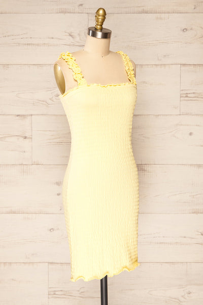 Serpa Yellow Fitted Ruched Dress with Ruffles | La petite garçonne side view