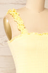 Serpa Yellow Fitted Ruched Dress with Ruffles | La petite garçonne side close-up
