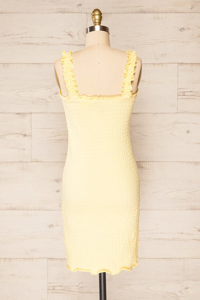 Serpa Yellow Fitted Ruched Dress with Ruffles | La petite garçonne back view