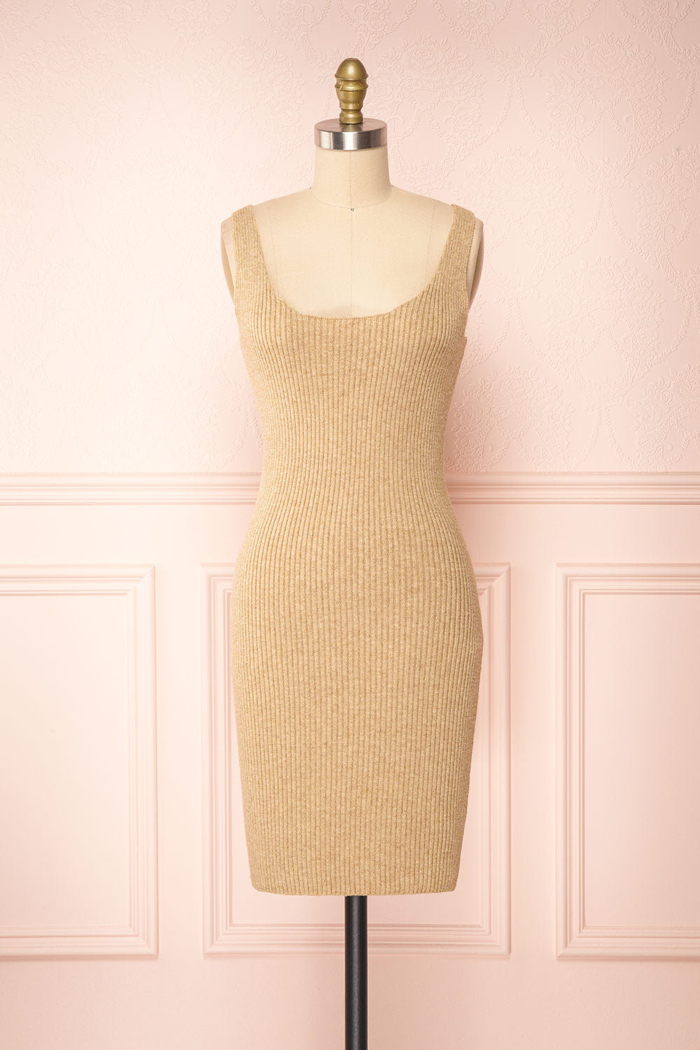 Set Cilia Beige Cardigan & Fitted Midi Dress | Boutique 1861  front view 