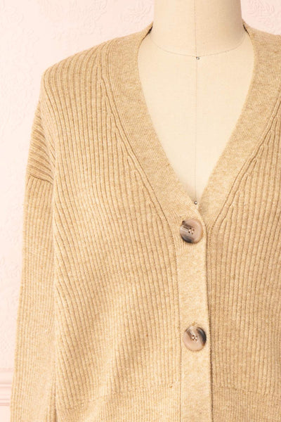 Set Cilia Beige Cardigan & Fitted Midi Dress | Boutique 1861  top front close-up